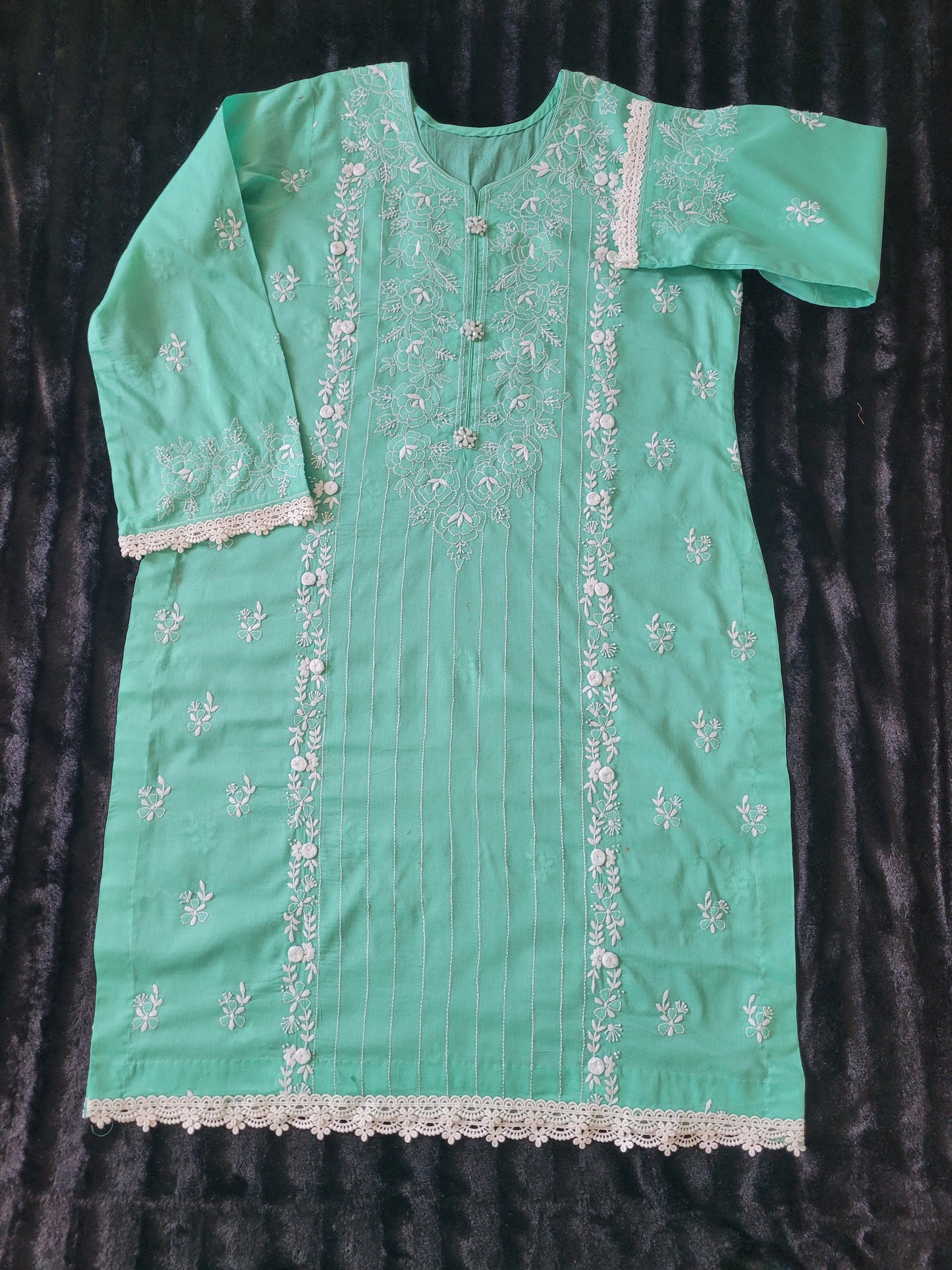 Mint Serenity Hand-Embroidered Lawn Suit with Classic White Trouser