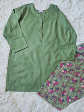 2-Piece Marina Solid Sage Green Kurta with Multi-Color Floral Shalwar
