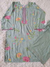 2 PC Printed Linen Suit - Mint Green Large Floral Kurta with Trousers