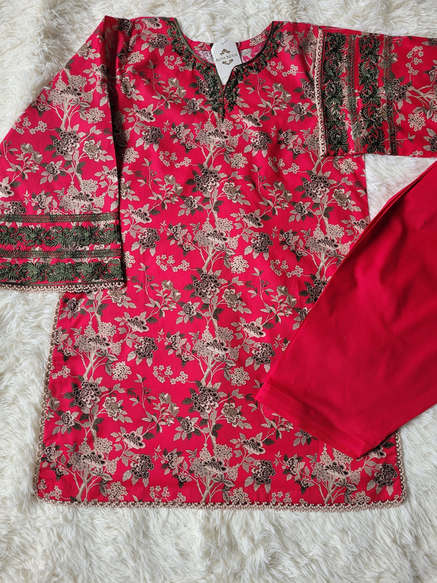 Fuchsia Bloom: Vibrant Printed Suit with Embroidered Accents
