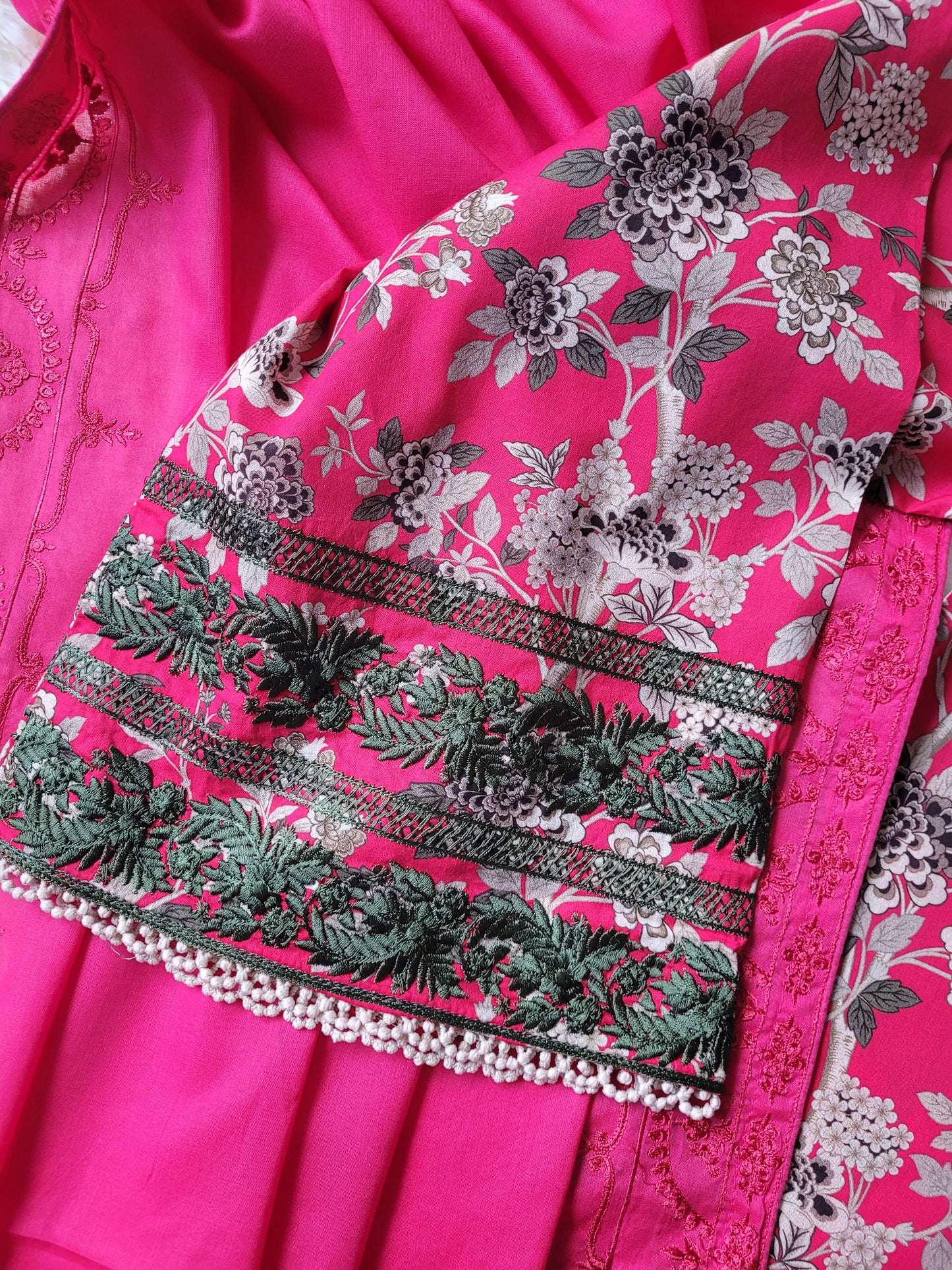 Fuchsia Bloom: Vibrant Printed Suit with Embroidered Accents
