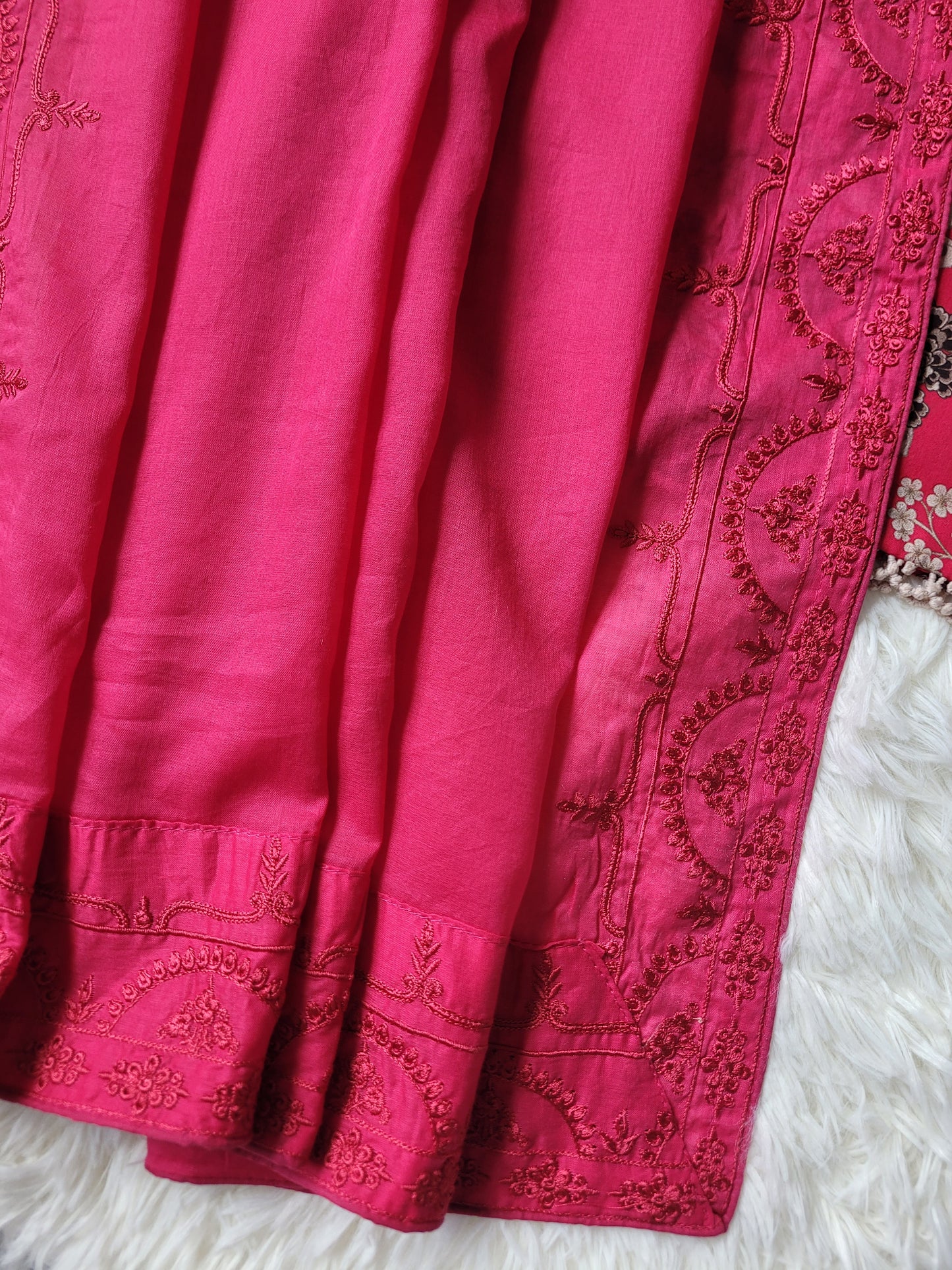 Fuchsia Bloom: Vibrant Printed Suit with Embroidered Accents