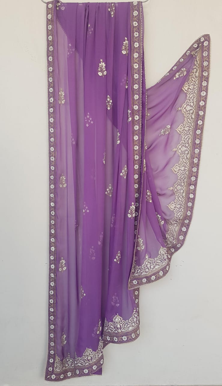 Lavender Sheer Dupatta (Hand Stamped Accents with Metallic Trim)