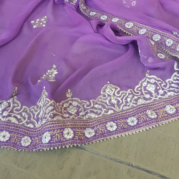 Regal Purple: Tassel Silk Suit with Block Printed Chiffon