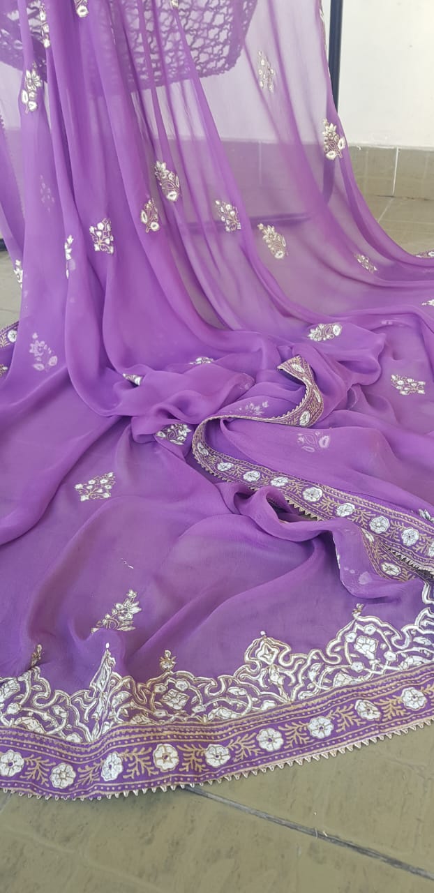 Lavender Sheer Dupatta (Hand Stamped Accents with Metallic Trim)