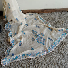 Cream Chiffon Dupatta (Hand Stamped Accents with Lace and Satin Trim)