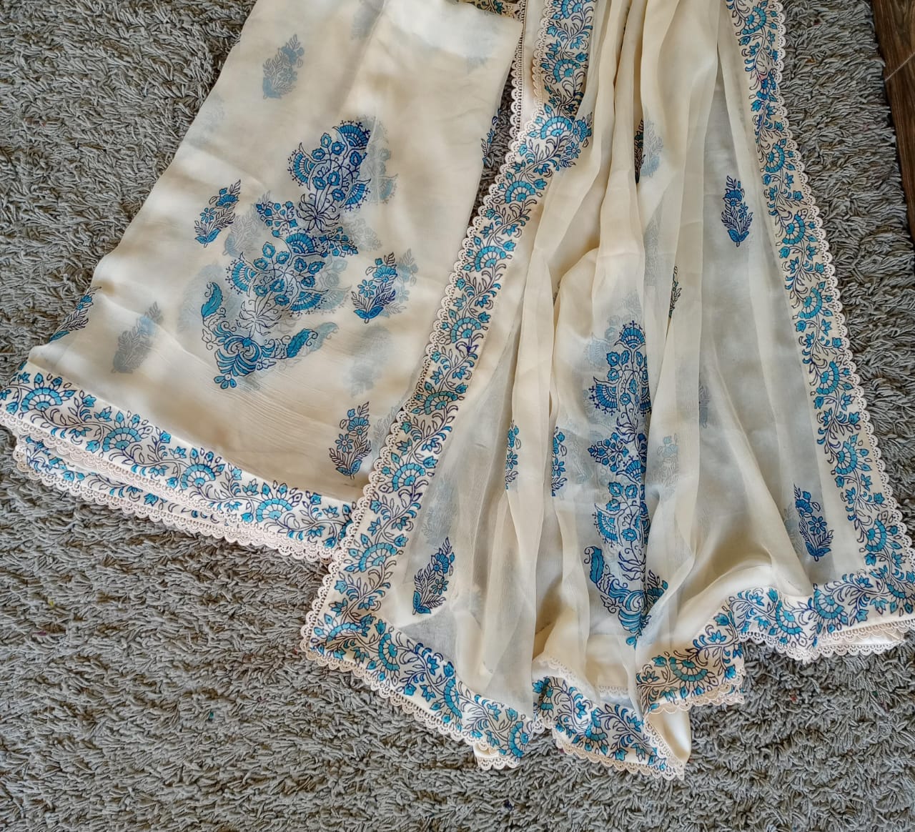 Cream Chiffon Dupatta (Hand Stamped Accents with Lace and Satin Trim)