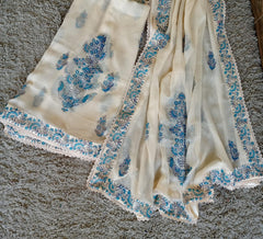Cream Chiffon Dupatta (Hand Stamped Accents with Lace and Satin Trim)