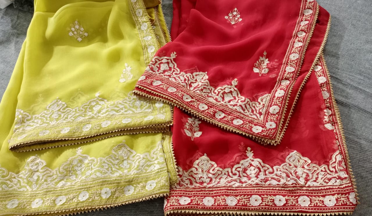 Multicolor Chiffon Dupattas with Hand Block Print & Gota Lace Trim