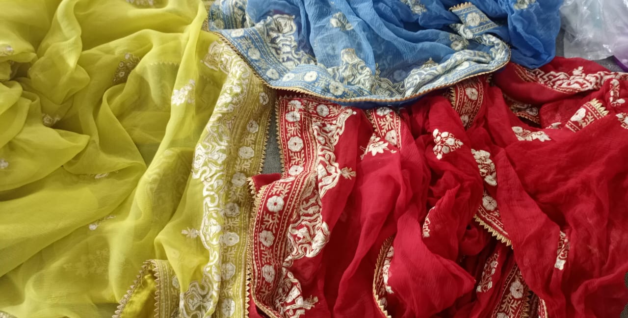 Multicolor Chiffon Dupattas with Hand Block Print & Gota Lace Trim