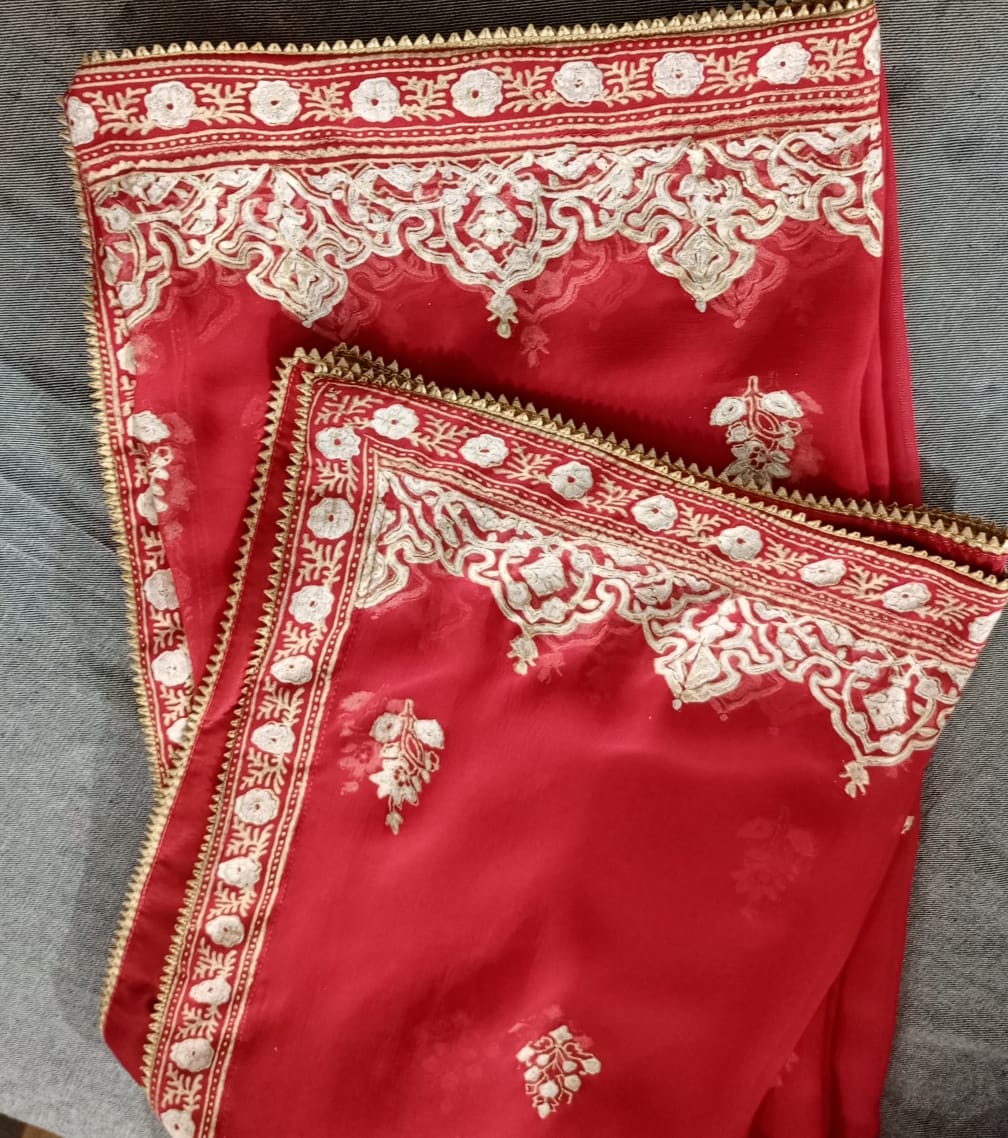 Multicolor Chiffon Dupattas with Hand Block Print & Gota Lace Trim