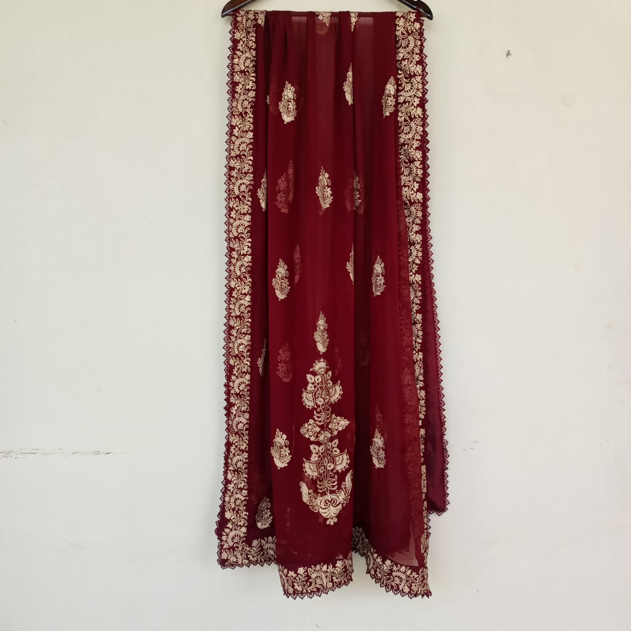Deep Red Chiffon Dupatta (Hand Stamped Accents with Lace)