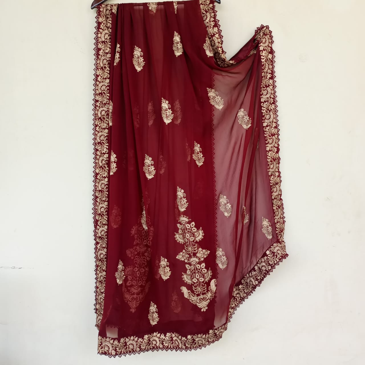 Deep Red Chiffon Dupatta (Hand Stamped Accents with Lace)