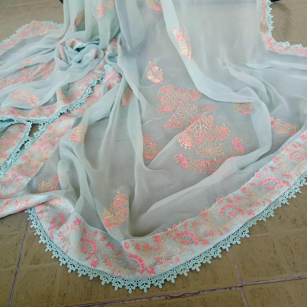 Powder Blue Chiffon Dupatta with Pink & Gold Hand Block Print and Lace Trim