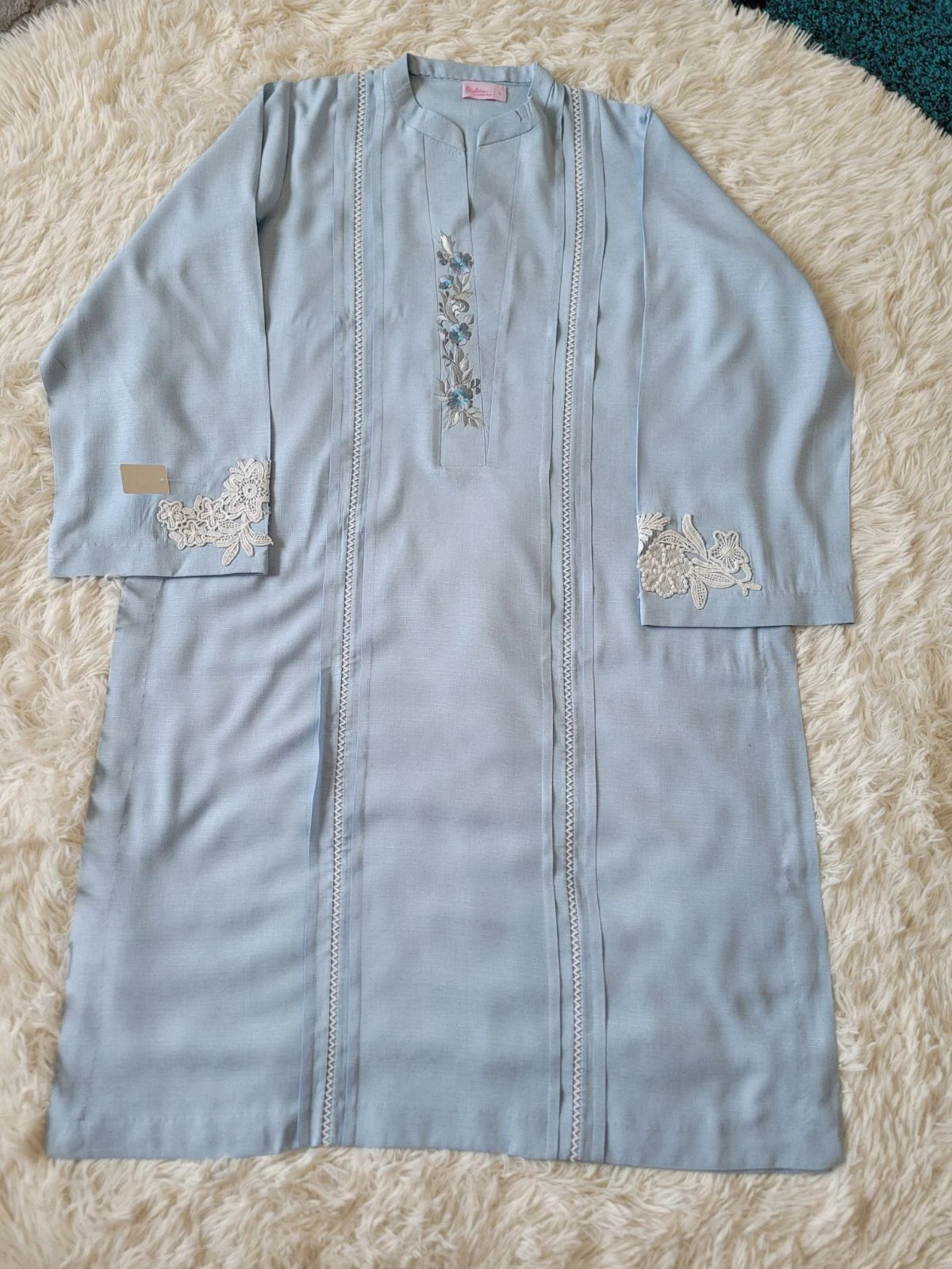 Embroidered Irish Linen Suit - Light Blue Kurta with Lace Detailing