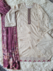 Iznik Opulence: Embroidered Beige Suit with Rich Plum Dupatta