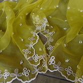 Artisan Lemon Green Organza Dupatta with White Embroidery