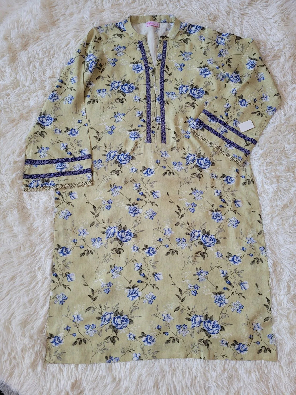 Lime Yellow with Blue Floral Print Kurta and Trouser