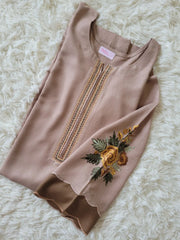 Embroidered Irish Linen Suit - Light Taupe Kurta with Floral Sleeves