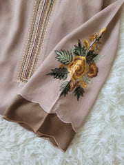 Embroidered Irish Linen Suit - Light Taupe Kurta with Floral Sleeves