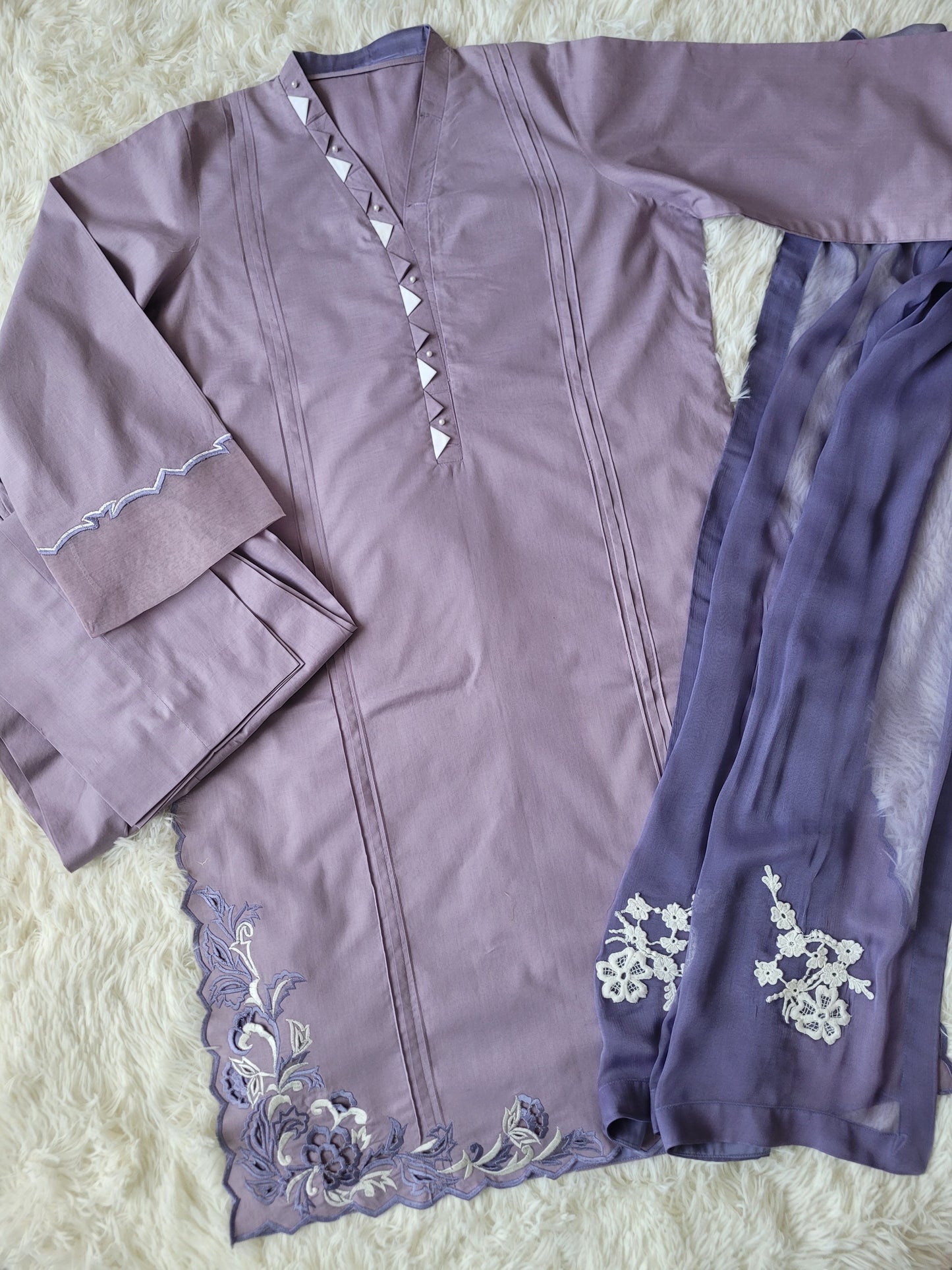 Lilac Bloom Embroidered Cambric Suit with Cutwork Detail