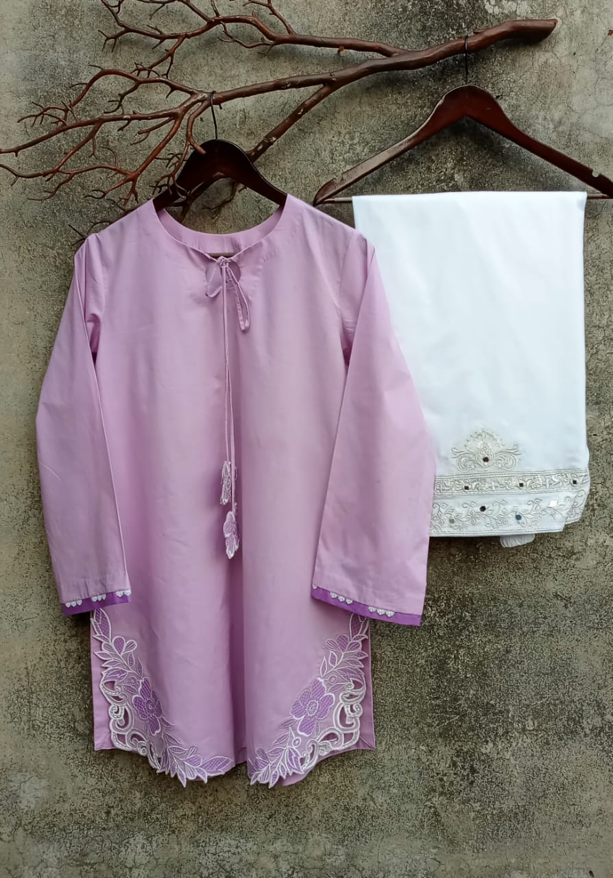 Lilac & White: Embroidered Cotton Two-Piece Suit