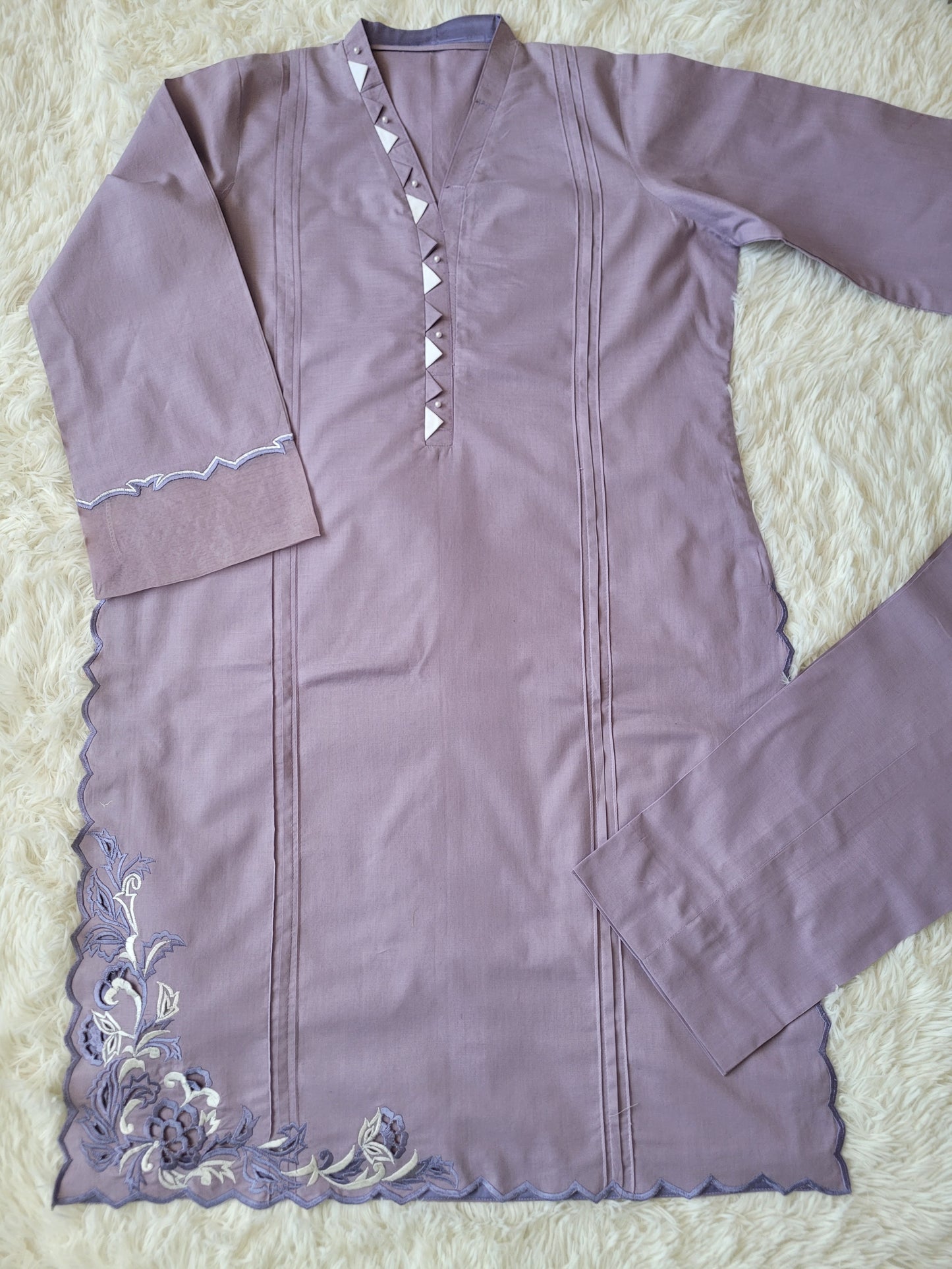 Lilac Bloom Embroidered Cambric Suit with Cutwork Detail