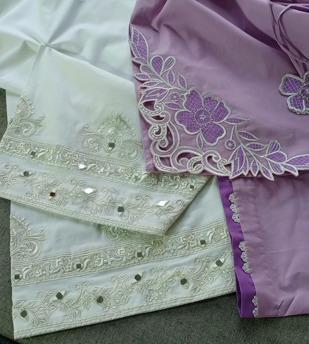 Lilac & White: Embroidered Cotton Two-Piece Suit