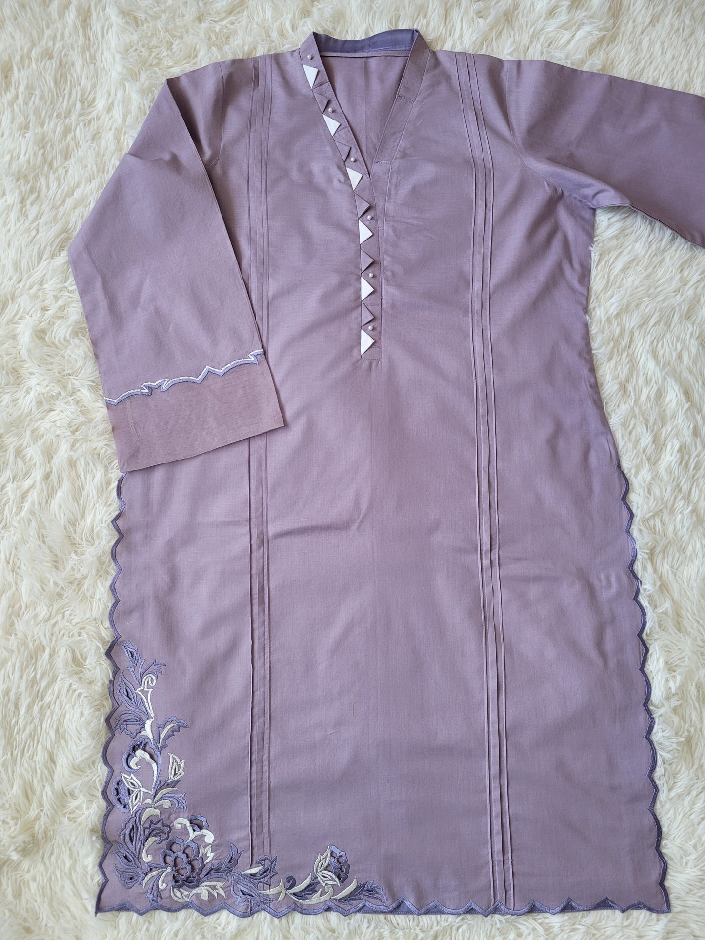 Lilac Bloom Embroidered Cambric Suit with Cutwork Detail