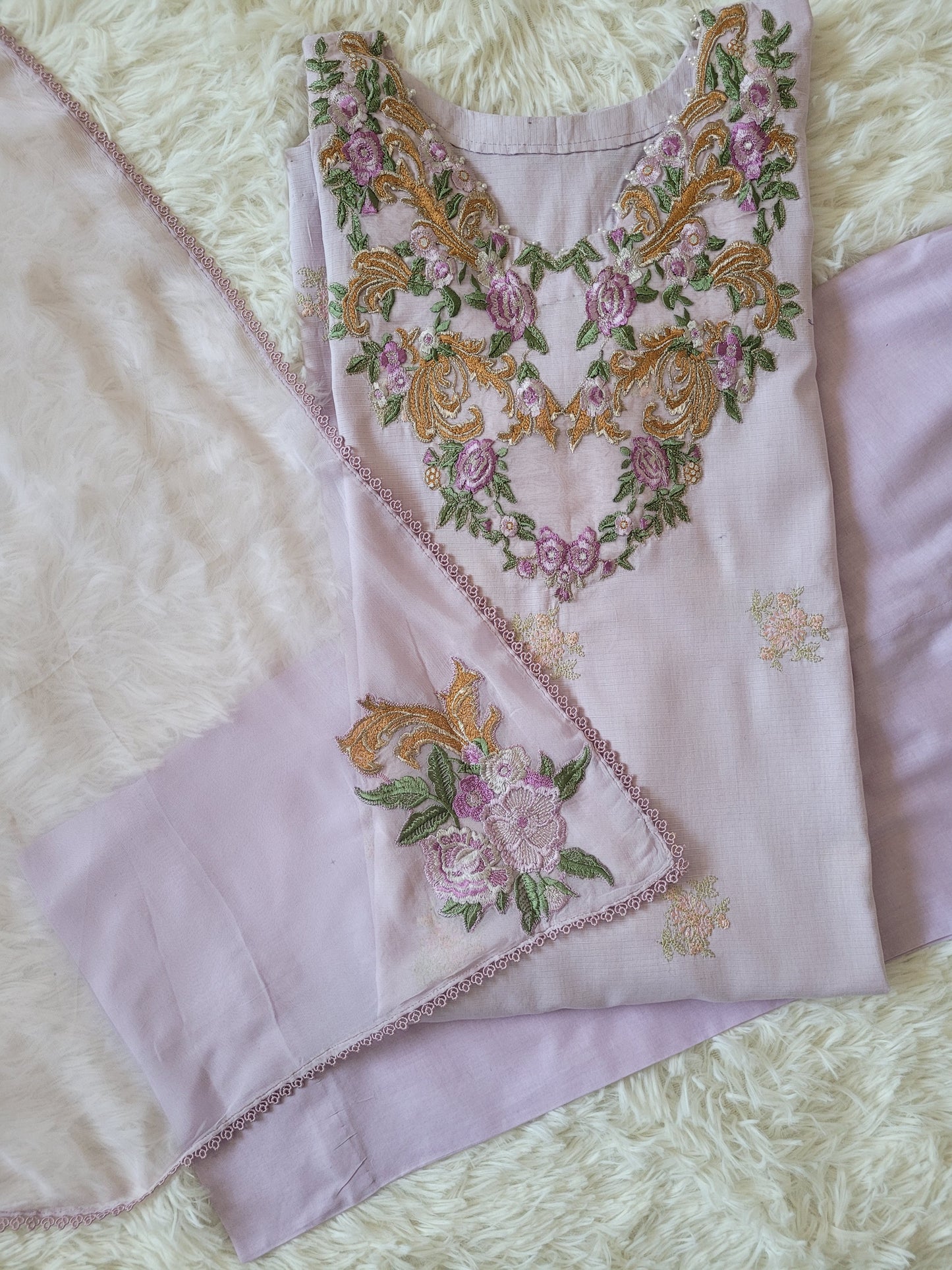 Lilac Garden: Multi-Embroidered Suit with Coordinating Dupatta