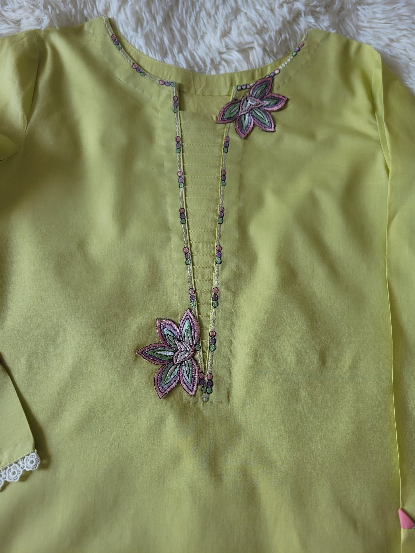Lime Pop & White: Embroidered Cotton Two-Piece Suit