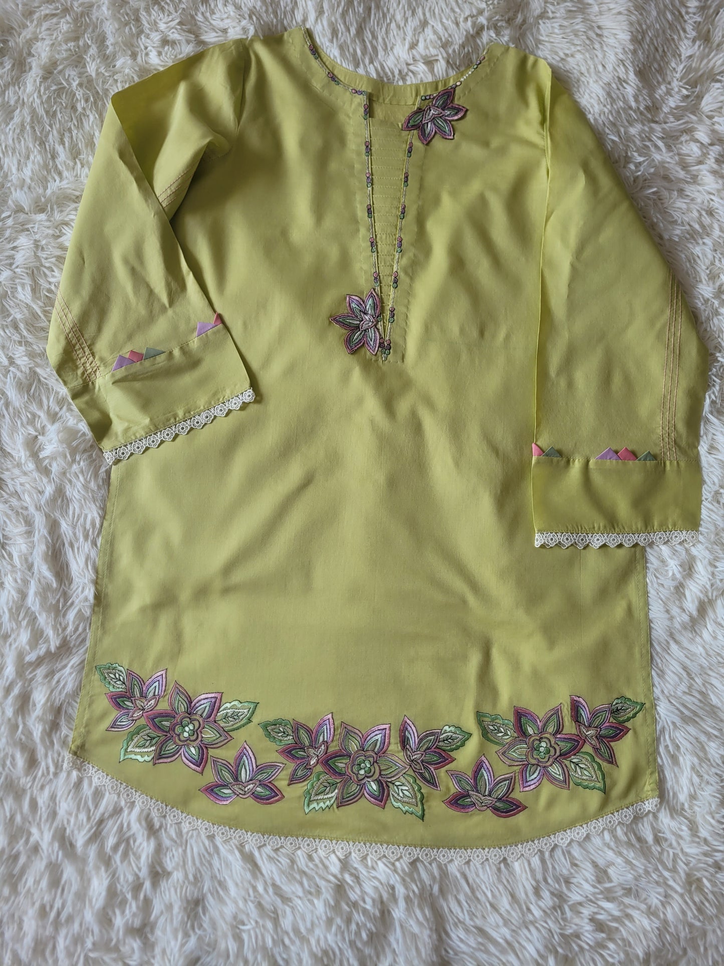 Lime Pop & White: Embroidered Cotton Two-Piece Suit