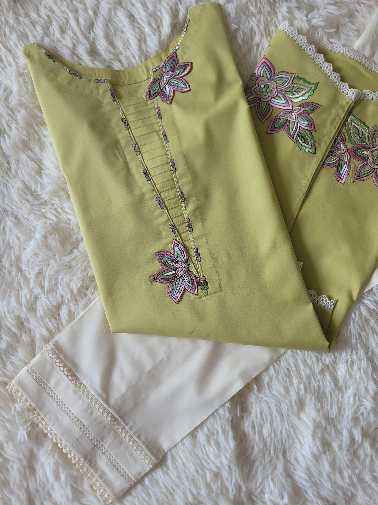 Lime Pop & White: Embroidered Cotton Two-Piece Suit