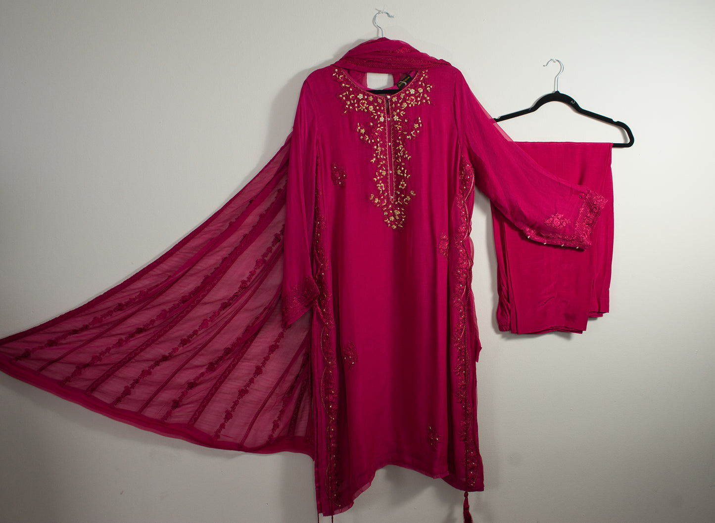 Agha Noor Magenta Gold Embellished Chiffon Dress