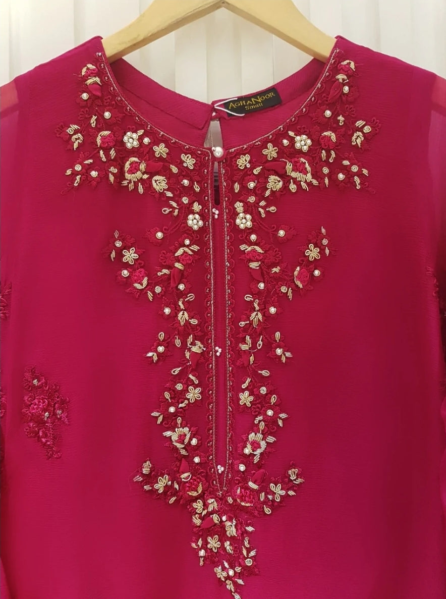 Agha Noor Magenta Gold Embellished Chiffon Dress