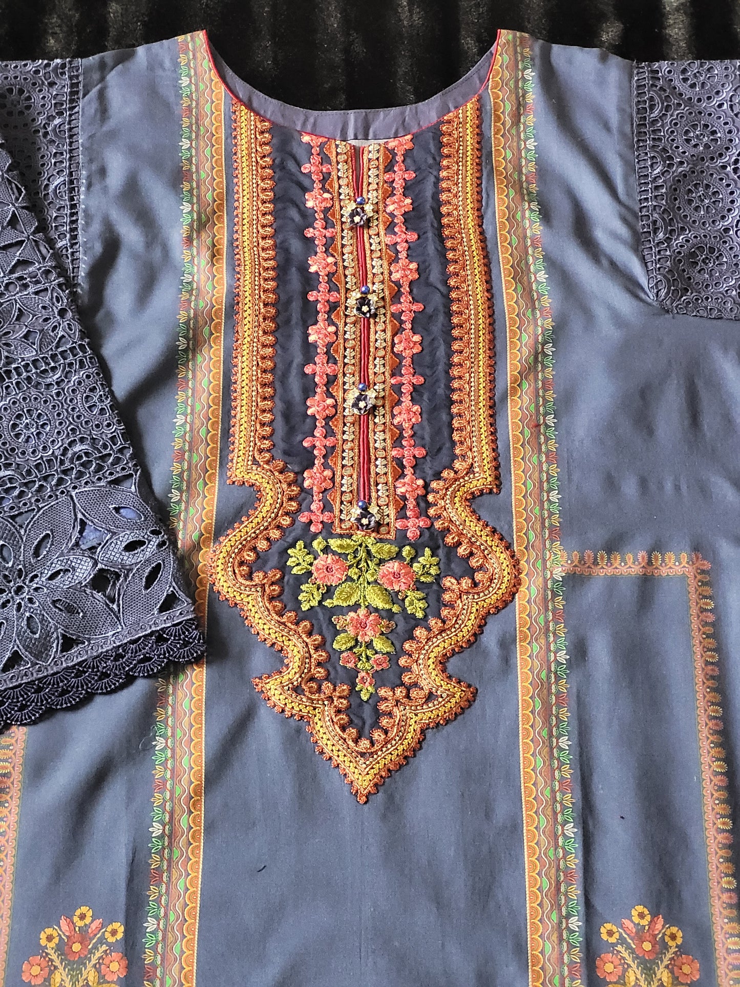 Maria B. Indigo Canvas Embroidered Lawn Suit with Chikankari Sleeves & Geometric Print Chiffon Dupatta