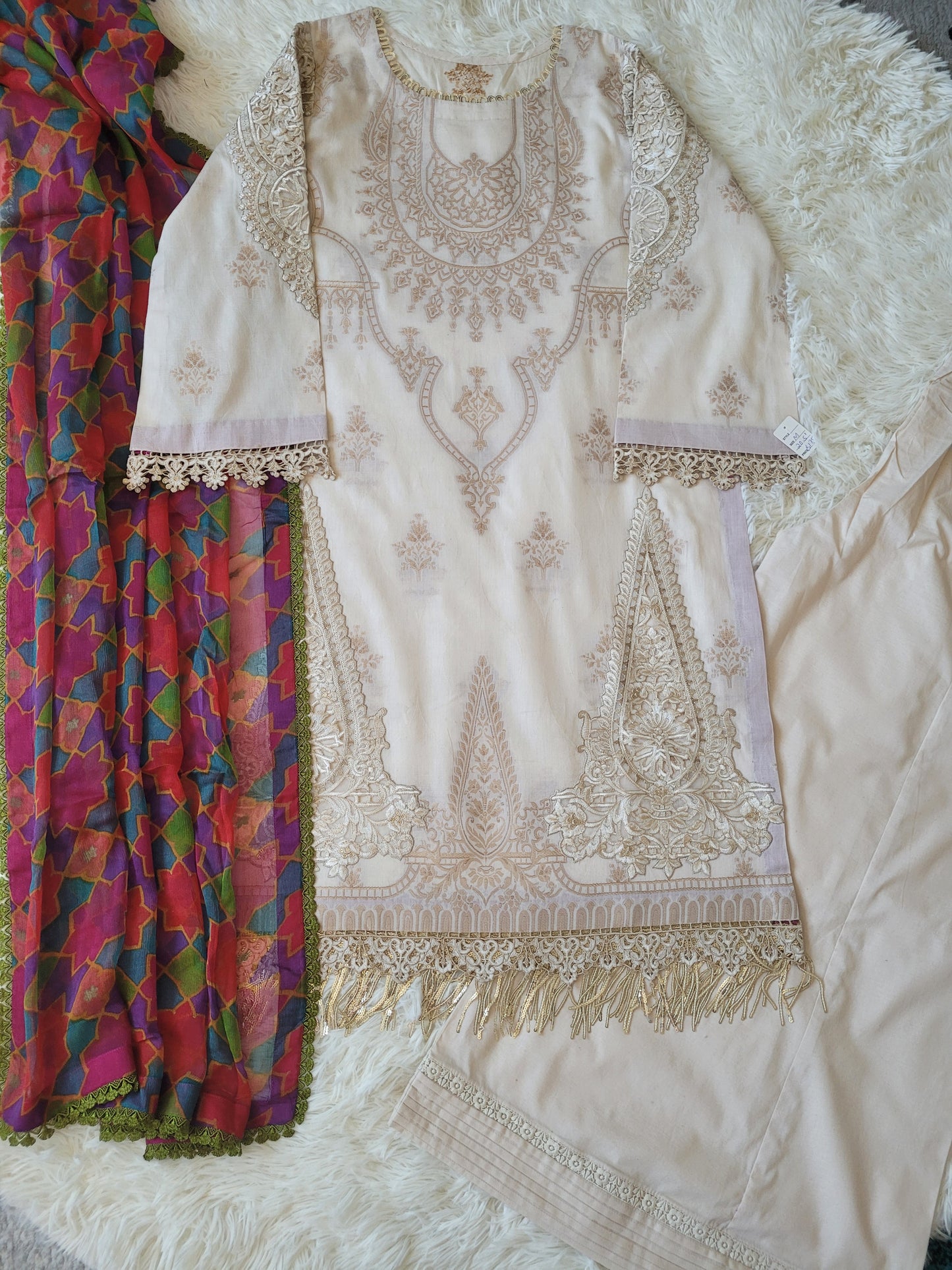 Maria B. Grandeur Ivory Embroidered Lawn Jacquard Shirt with Printed Chiffon Dupatta and Cotton Trouser