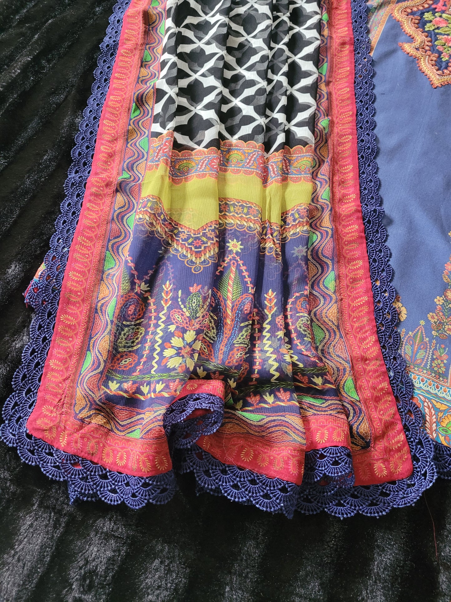 Maria B. Indigo Canvas Embroidered Lawn Suit with Chikankari Sleeves & Geometric Print Chiffon Dupatta