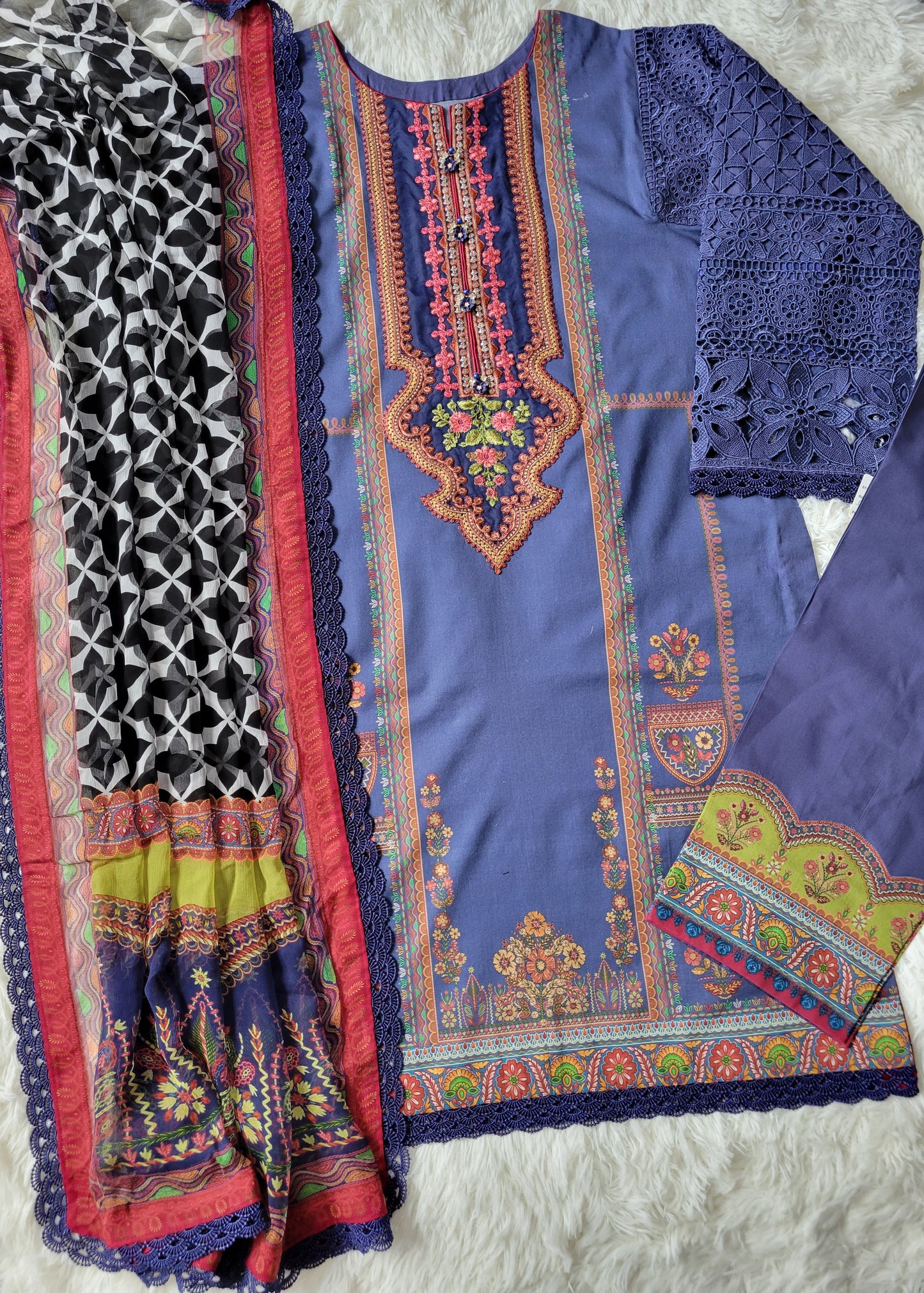 Maria B. Indigo Canvas Embroidered Lawn Suit with Chikankari Sleeves & Geometric Print Chiffon Dupatta