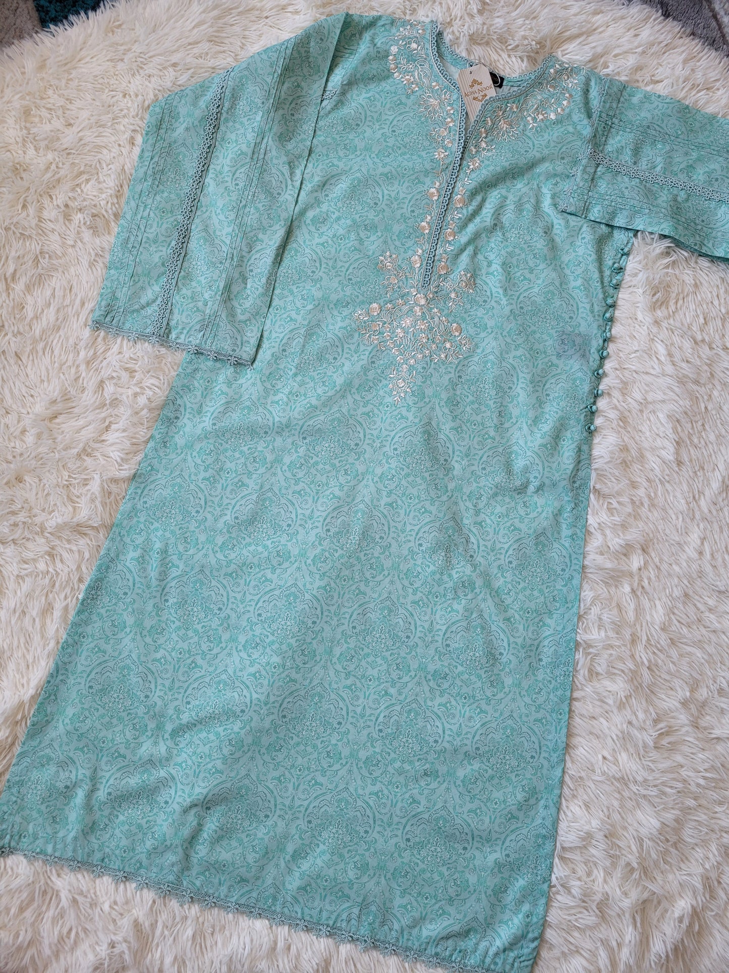 Mint Whisper: Embroidered lawn shirt with printed dupatta