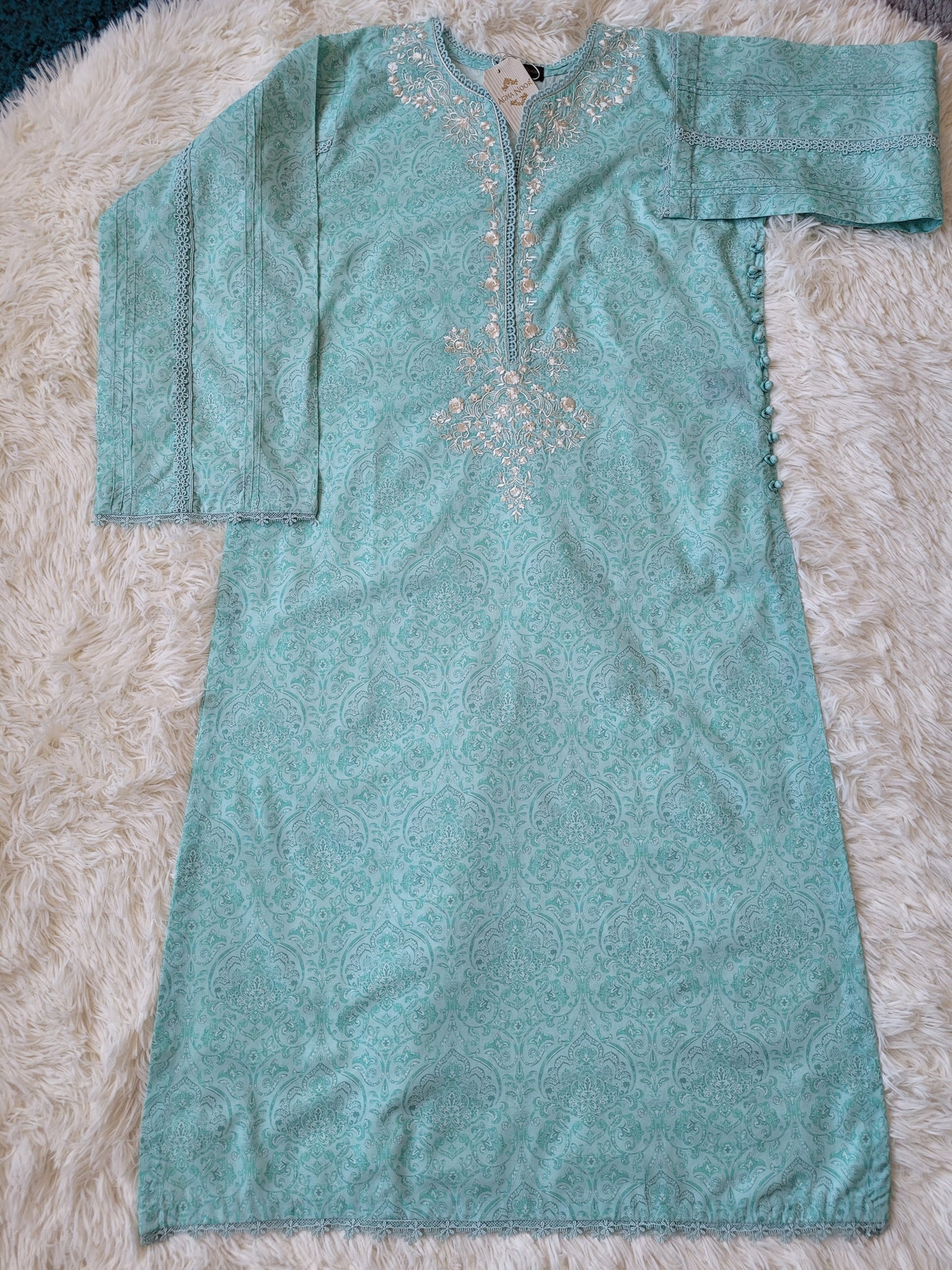 Mint Whisper: Embroidered lawn shirt with printed dupatta