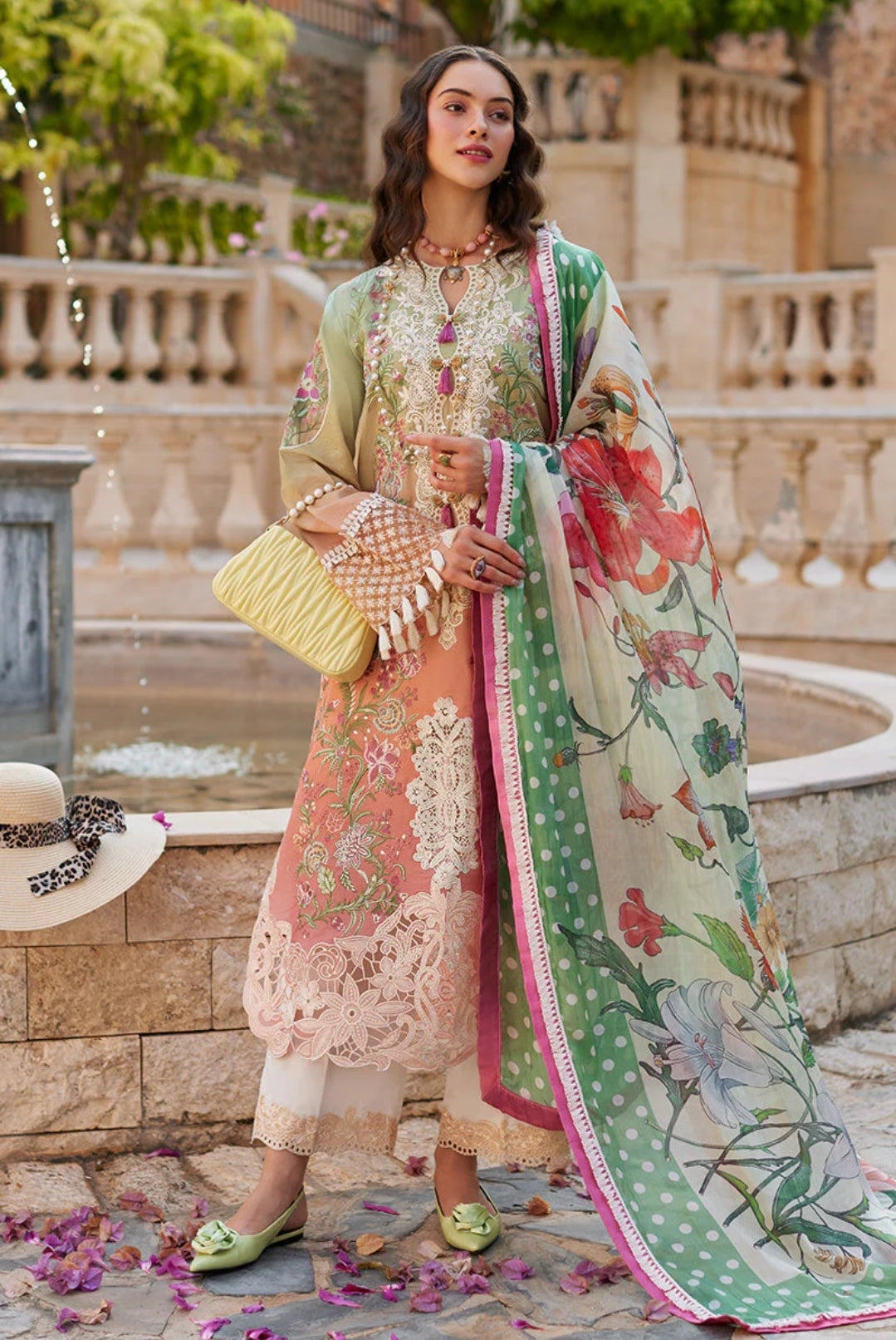 Mushq Ombre Radiance: Artfully Embroidered Suit with Contrasting Prints