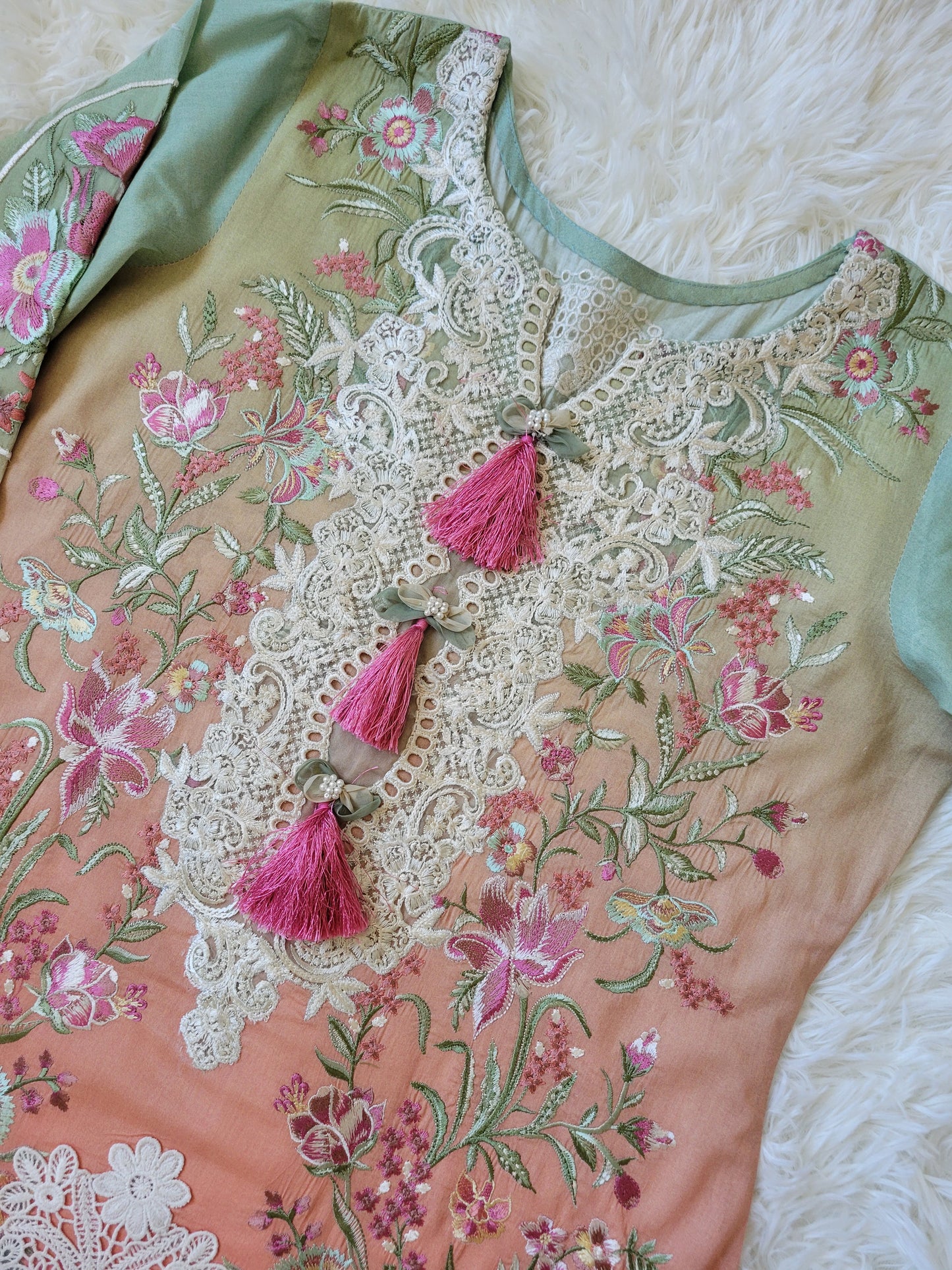 Mushq Ombre Radiance: Artfully Embroidered Suit with Contrasting Prints