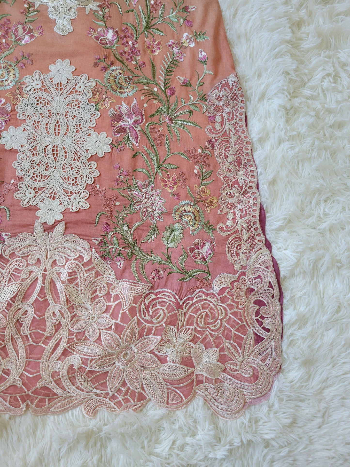 Mushq Ombre Radiance: Artfully Embroidered Suit with Contrasting Prints