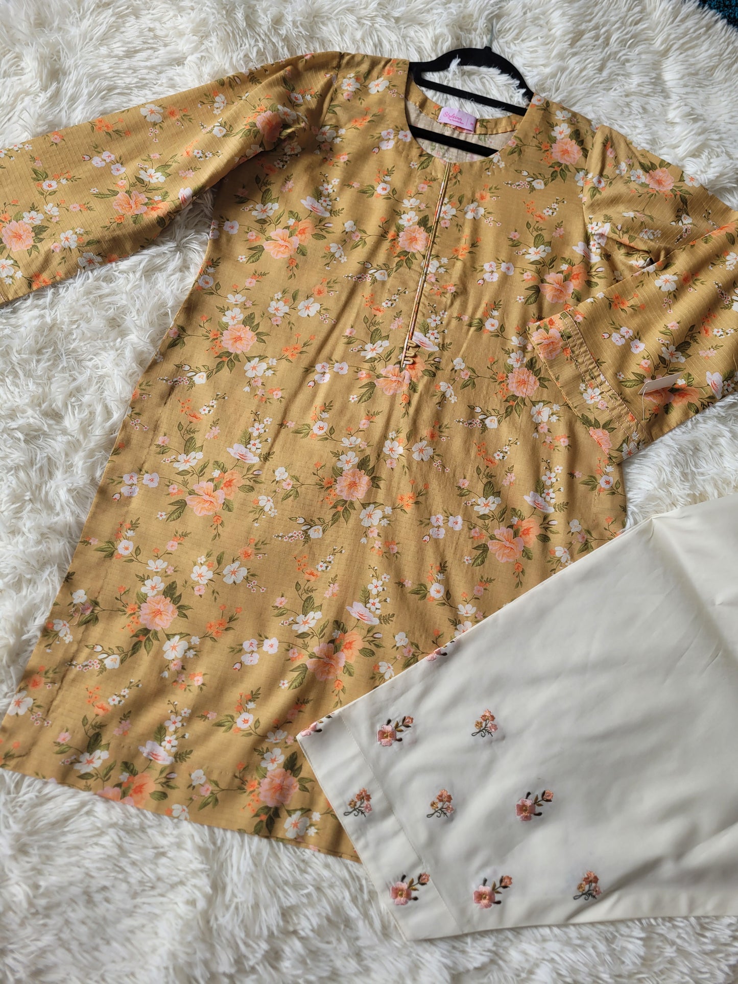 Mustard Ochre: Printed 2-Piece Suit with Embroidered Trousers
