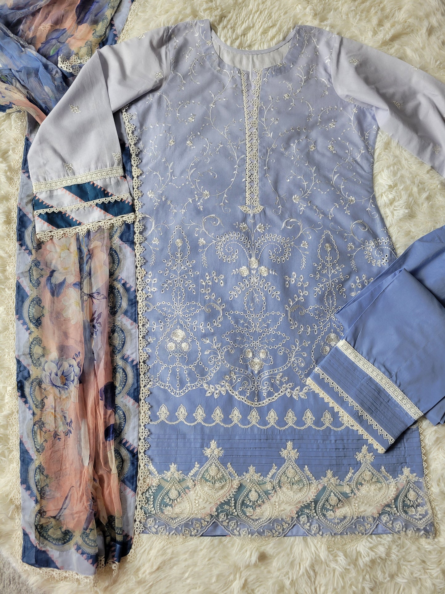 Noor by Saadia Asad Azure Bloom Embroidered Lawn Suit with Printed Chiffon Dupatta