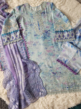 Nureh Aqua Reverie: Embroidered Printed Suit with Lavender Ombre Dupatta