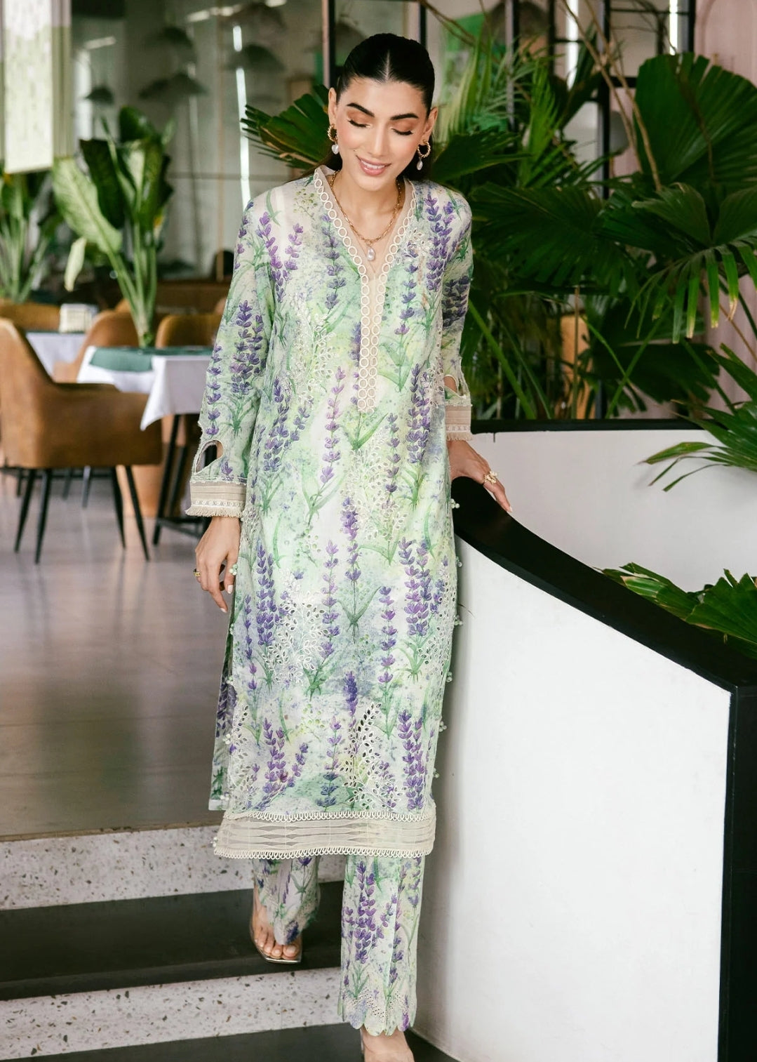 Nureh Verdant Grace: Embroidered Printed Suit with Ombre Chiffon Dupatta