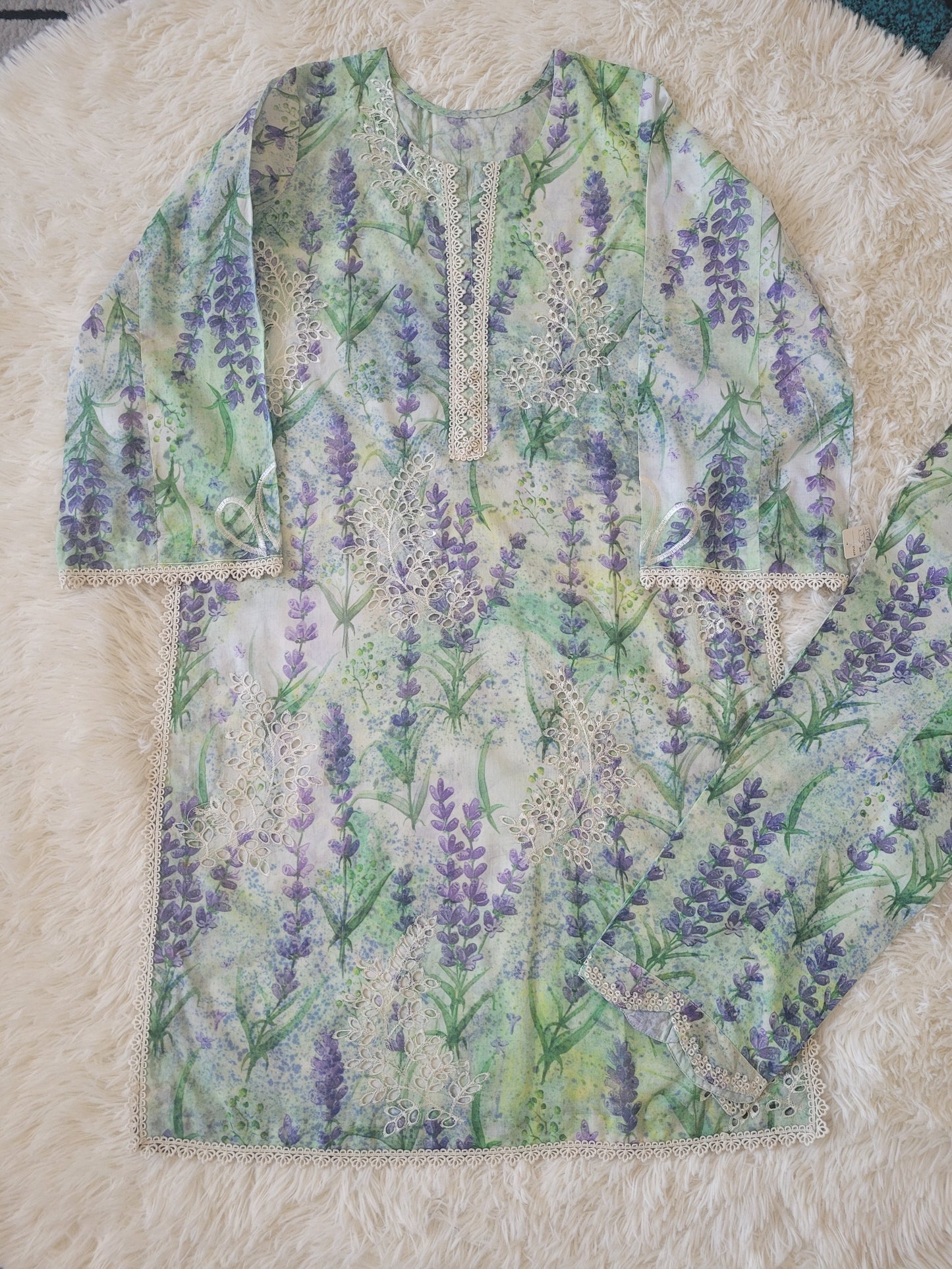Nureh Green Meadows: Printed Lawn Three-Piece Suit