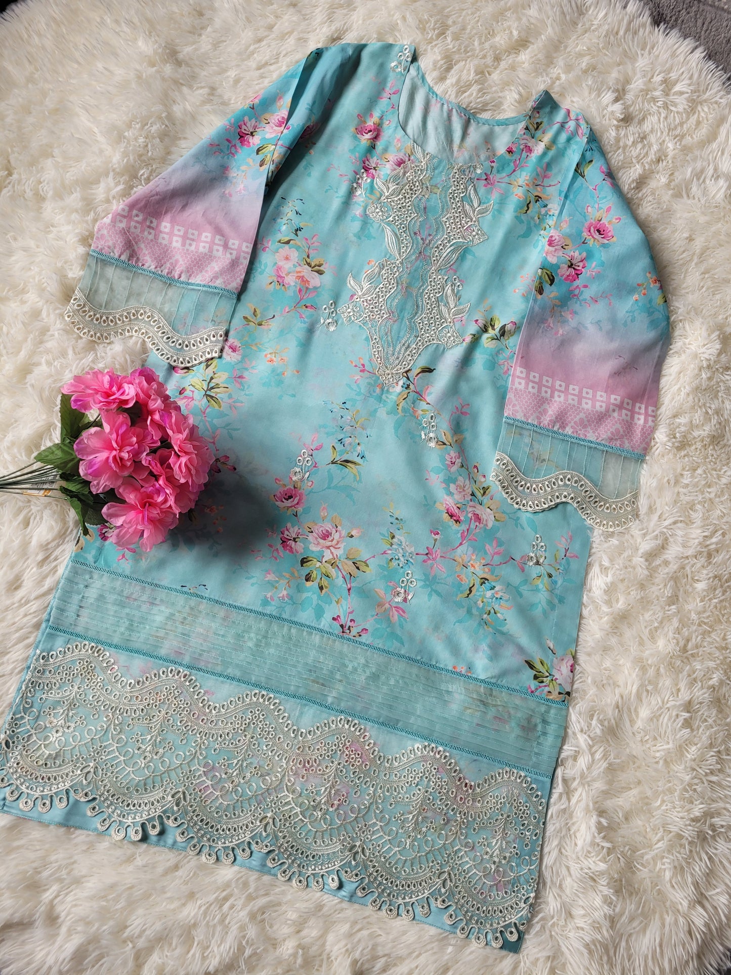 Nureh Verdant Grace: Embroidered Printed Suit with Ombre Chiffon Dupatta